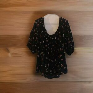 Maurices Women 2x Black Floral Blouse Smocked Off The Shoulder 3/4 Sleeve Fairy